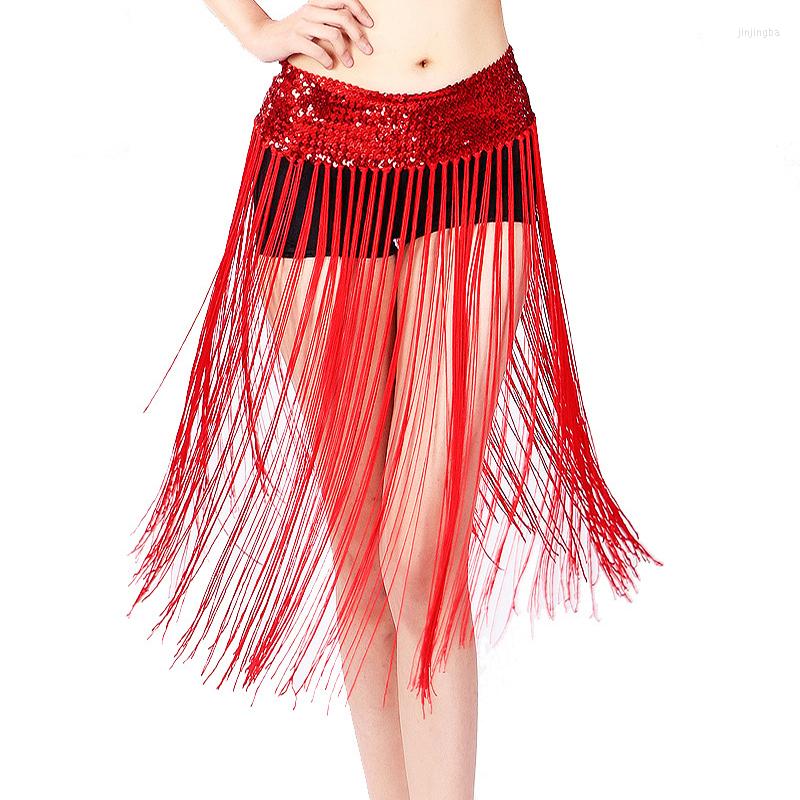 

Stage Wear 10 Colors Belly Dance Clothes Accessories Stretchy Long Tassel Fringe Belts Sequins Women Hip Scarf Elastic, Black