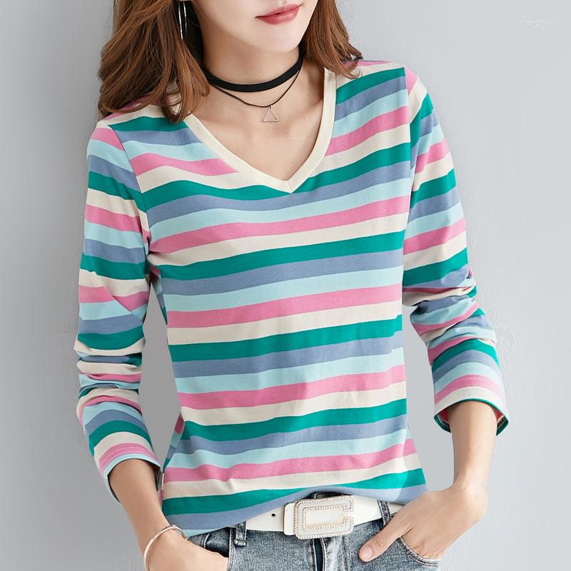 

Women's T Shirts 2023 Spring Autumn Women Long Sleeve T-shirt High Quality Colorful Stripe Cotton Casual Tops Base, Red yellow