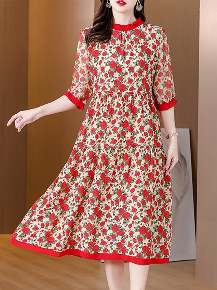 

Party Dresses 2023 Red Floral Silk Ruffled Short Sleeve Midi Dress Women Korean Fashion Luxury Summer Elegant Bodycon Vestidos
