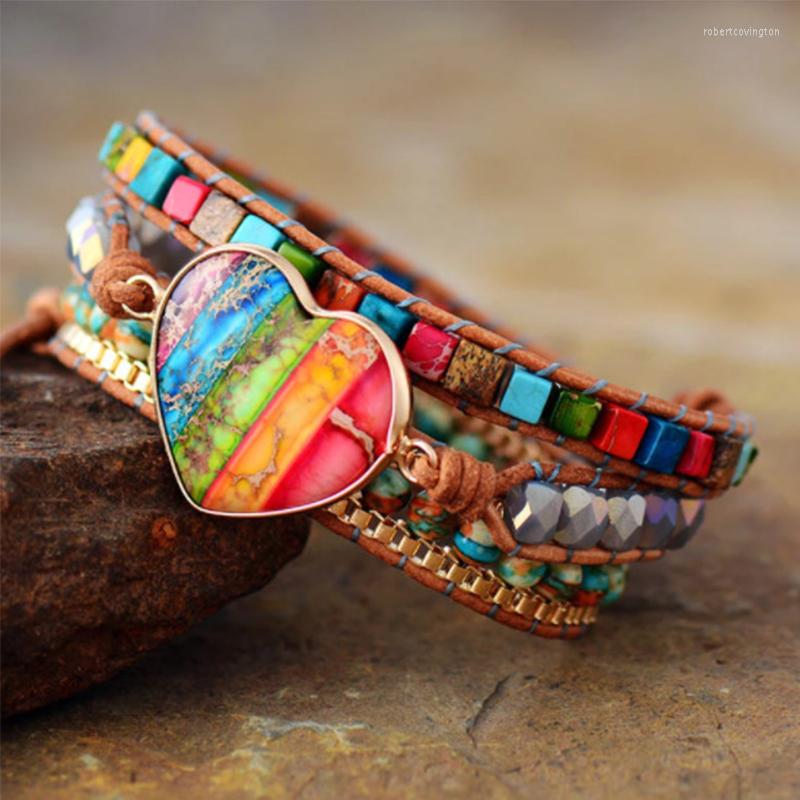 

Charm Bracelets 4Unik Natural Stone Crystal Bead Heart Womens Wrap Bracelet Amazonite 5 Times Leather Strap Multilayer