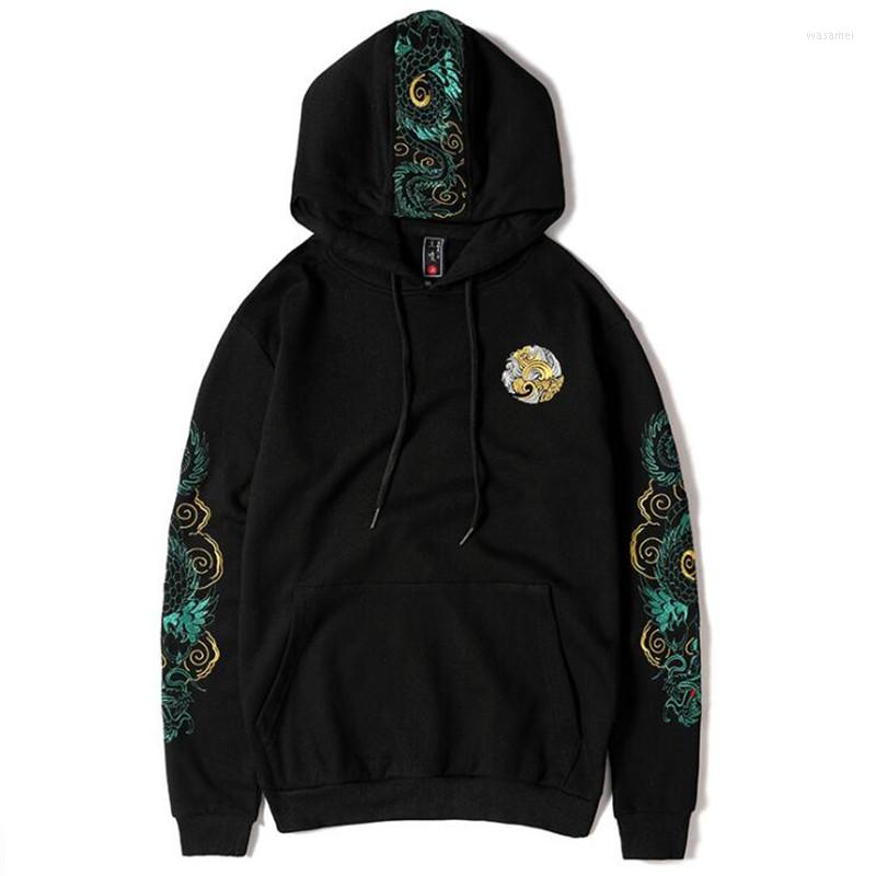 

Men's Hoodies 2023 Embroidered Chinese Dragon Hooded Sweatshirts Pullover Men Women Harajuku Hip Hop Streetwear Hoodie Male Tops, Black
