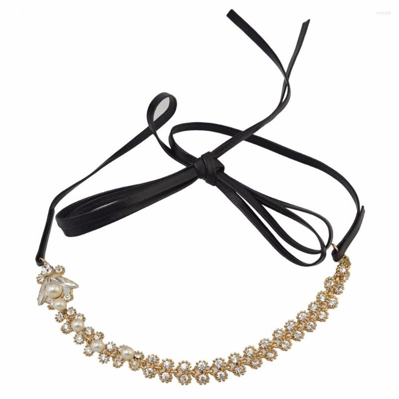 

Choker Ladies Gold Metal Crystal Pearl Flower Shape Statement Bib Necklace Black PU Leather DIY Charm Collar Mujer