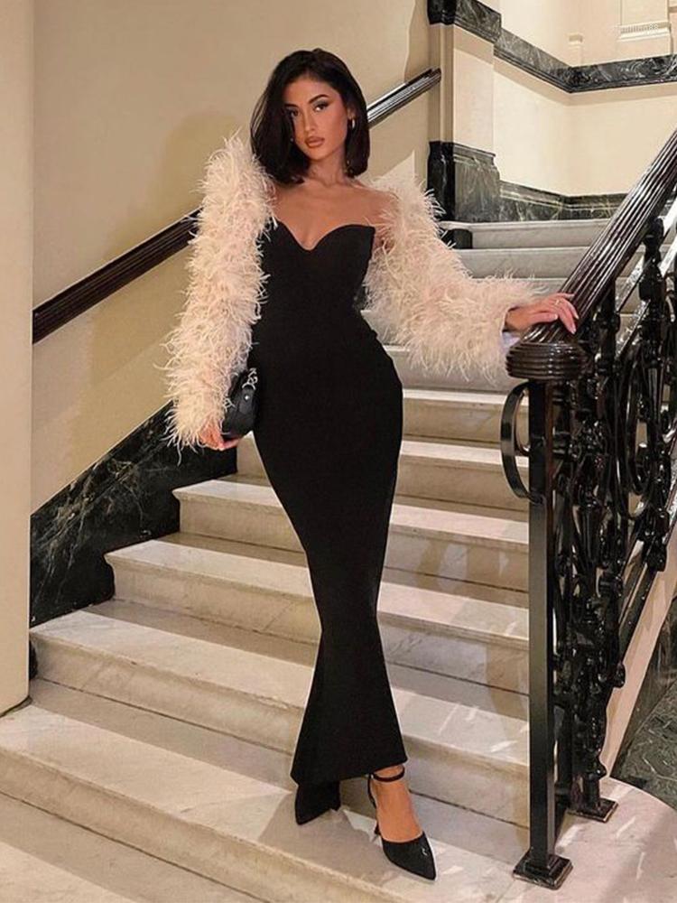 

Casual Dresses Townlike Chest Wrap Elegant Long Maxi Dress Women 2023 Summer Slim Bodycon Nightclub Sexy Party Vestidos, Black