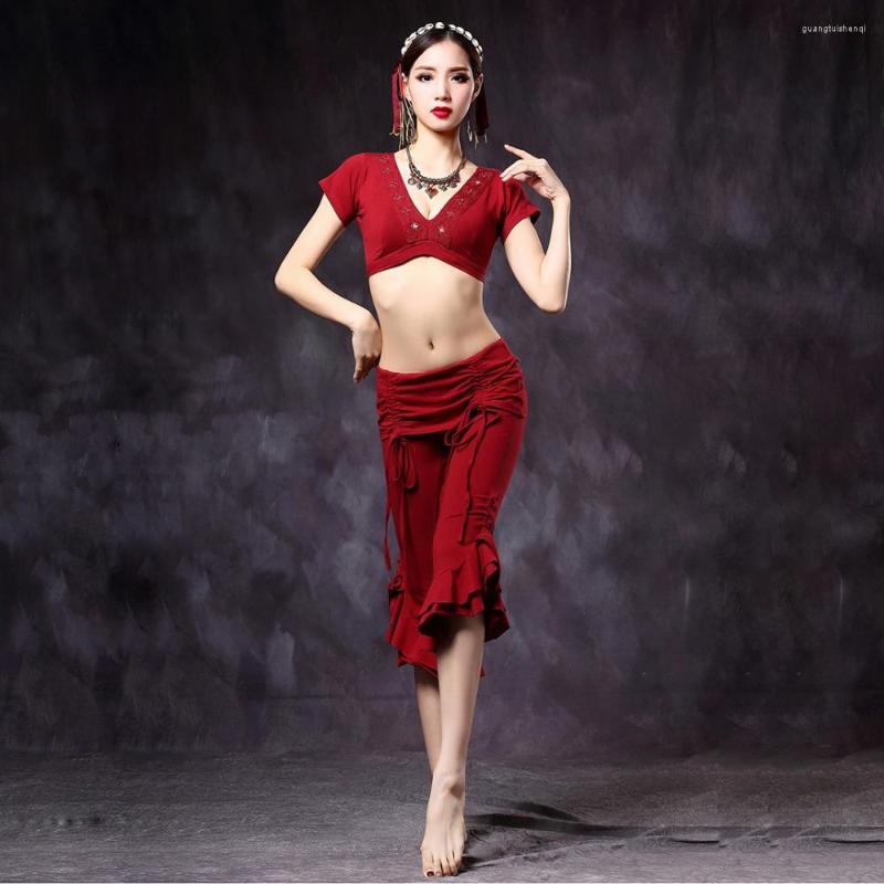 

Stage Wear Women Tribal Belly Dance Clothes V-neck Choli Tops And Pants Cropped Trousers Costume Set For Girls, Black