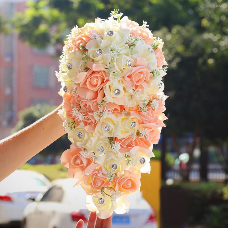

Wedding Flowers Elegant PE Waterfall Rose Diamond Hand Flower Bride Selling Orange Bouquet Party Supplies Handmade PE301