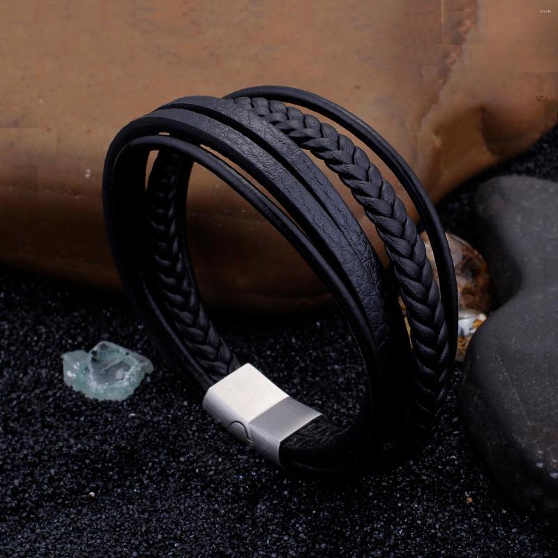 

Charm Bracelets HaoYi Fashion Black Brown Genuine Leather Bracelet Stainless Steel Magnetic Clasp Multilayer Woven Men's Jewelry