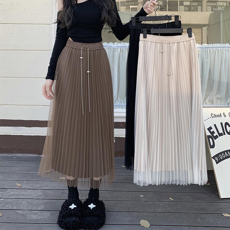 

Skirts 2023 Oversized Autumn Elasticated High-rise Skirt For Slim Versatile Mesh Panels Midi Pleated, Black