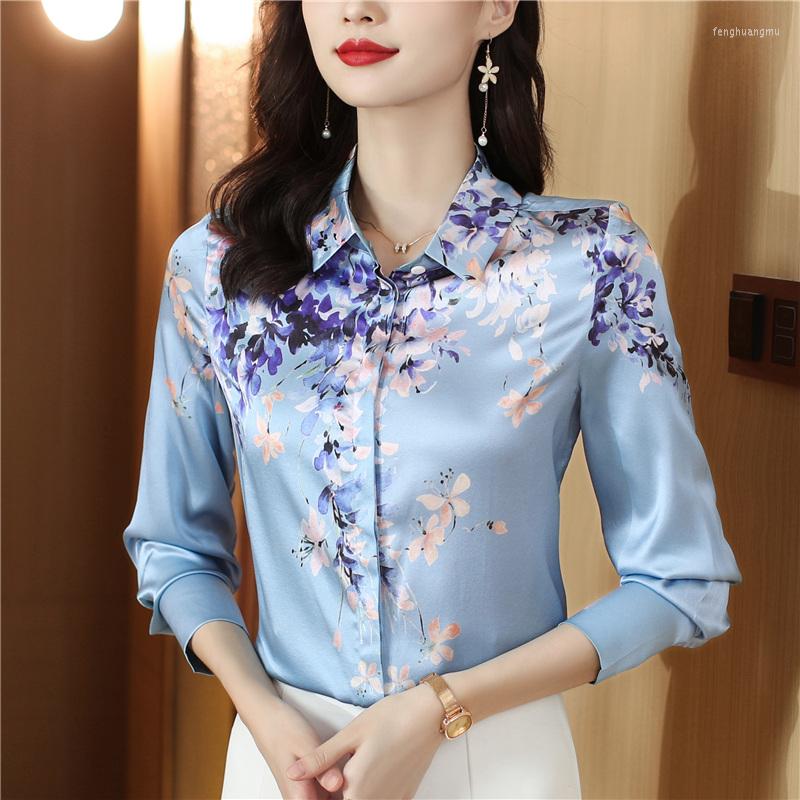 

Women' Blouses High-end Acetate Satin Office Lady Shirt 2023 Design Long Sleeve Spring Autumn Commuter Women Clothing Printed Floral Blouse, Blue