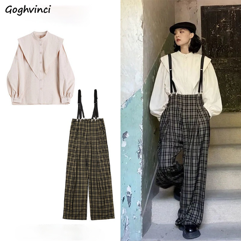 

Women  Two Piece Pant Sets Plaid Mopping Jumpsuits Long Sleeve Stand Collar White Shirts Retro Females 2 Pecs Vintage Streetwear Spring Harajuku 230317, Beige