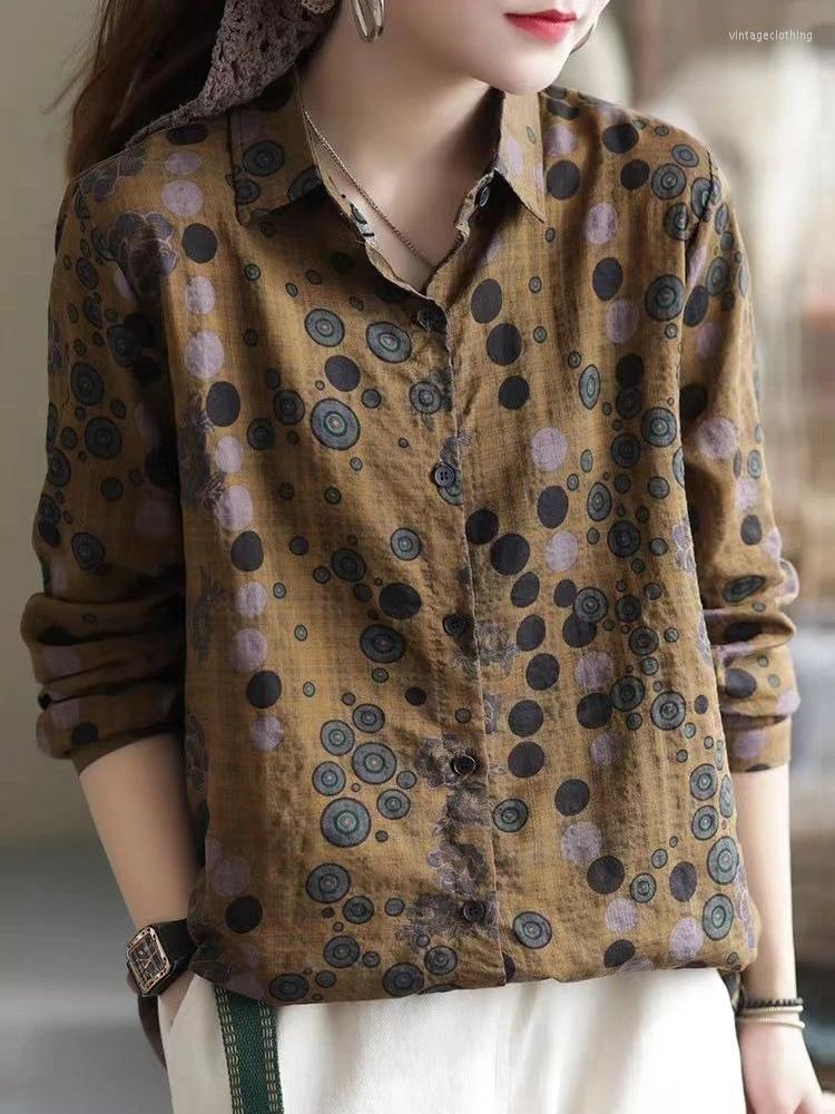 

Women's Blouses Arrival 2023 Spring Women Long Sleeve Casual Shirts Vintage Style Floral Print Loose Comfortable Female Cotton Tops, Yellow
