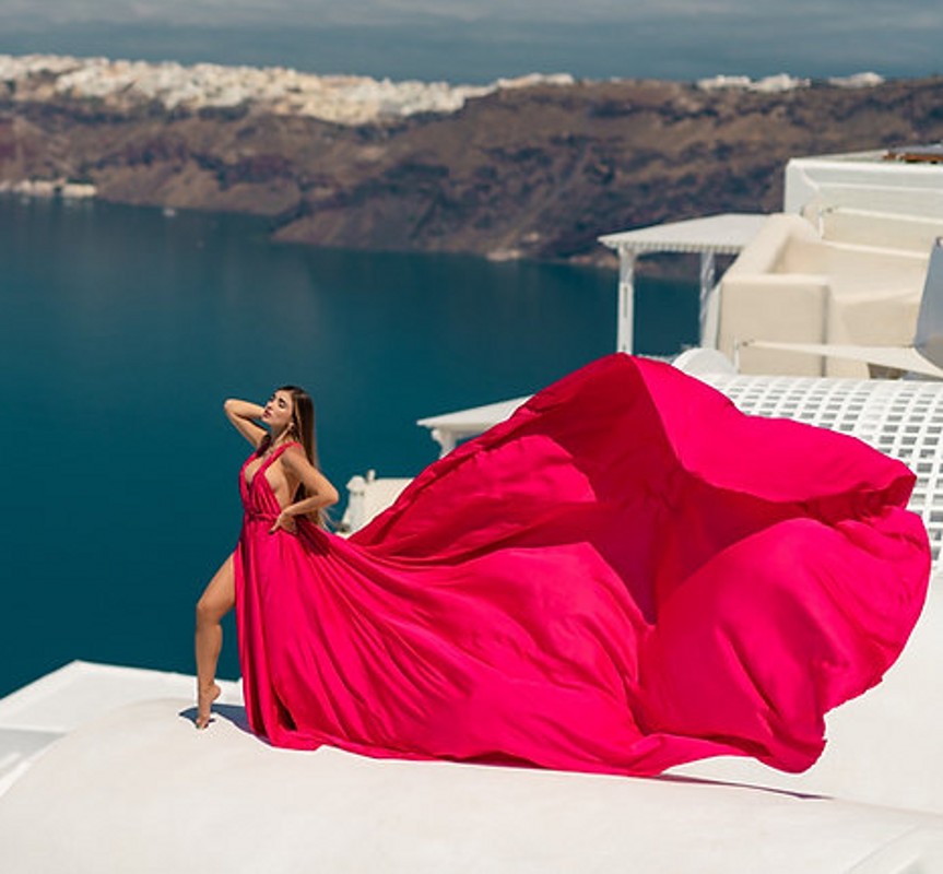 

Flying Fuchsia Evening Dress A line Backelss Abiye Photography Santorini High Slit Prom Party Gowns Sexy Deep V Neckline robe de soiree 2023, Same as picture