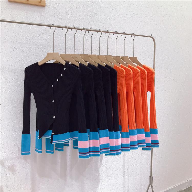 

Women's Sweaters V-Neck Orange Color Women Irregular Sweater Cardigan Full Sleeves Siing-Breasted Buttons Lady Sheath Tops Pullover, Black