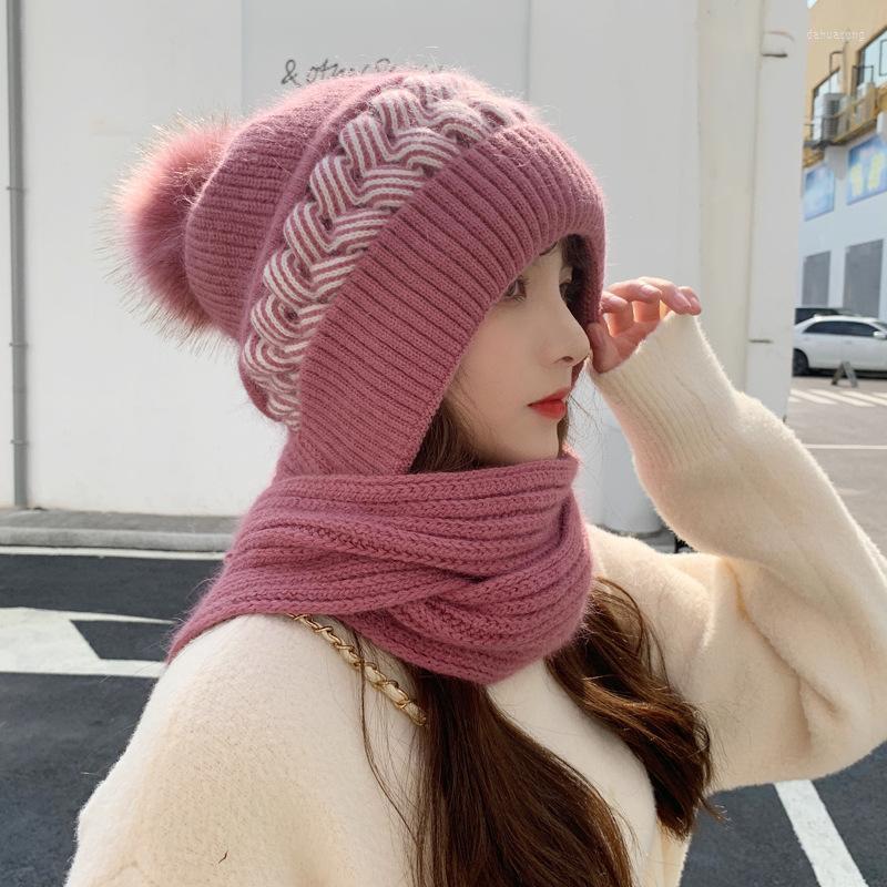 

Beanies 2023 Winter Knitted Woolen Hat Scarf One Plus Velvet Thick Solid Color Warm Ear Cap Women