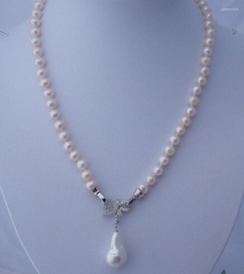 

Chains Jewelry 8-9mm White Round Pearl &Nucleated Flameball Pendant Necklace