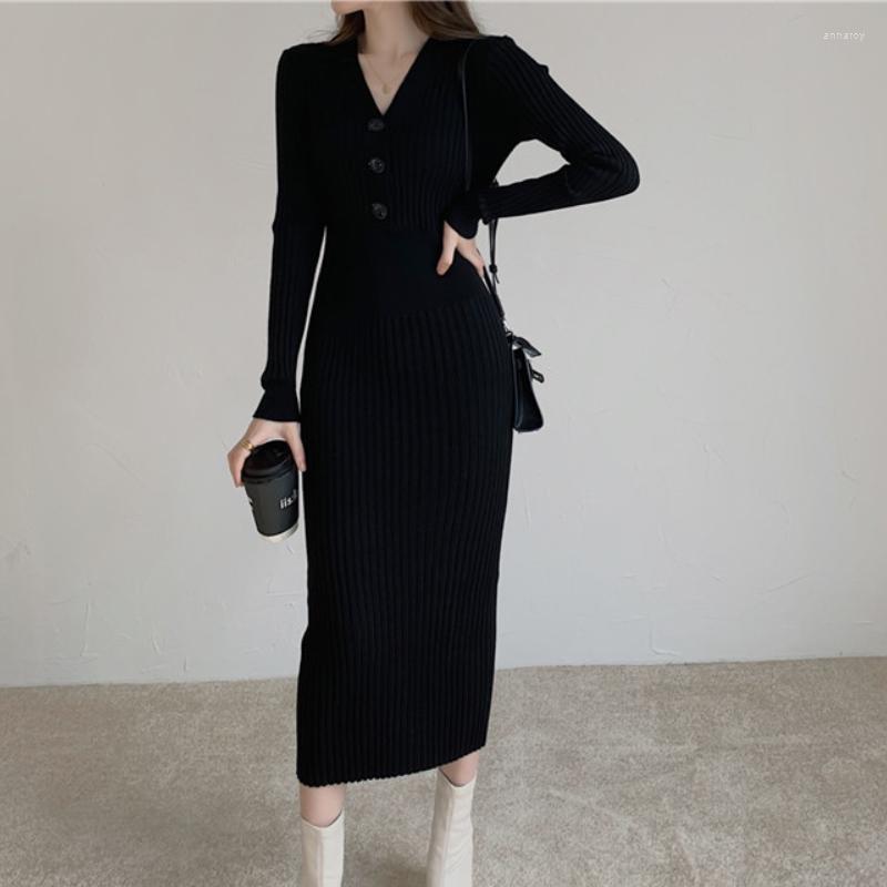

Casual Dresses Women Vintage Knitted Dress Elegant Party Midi Sweater Female Slim Long Sleeve Winter Women' Clothing 23966, Black
