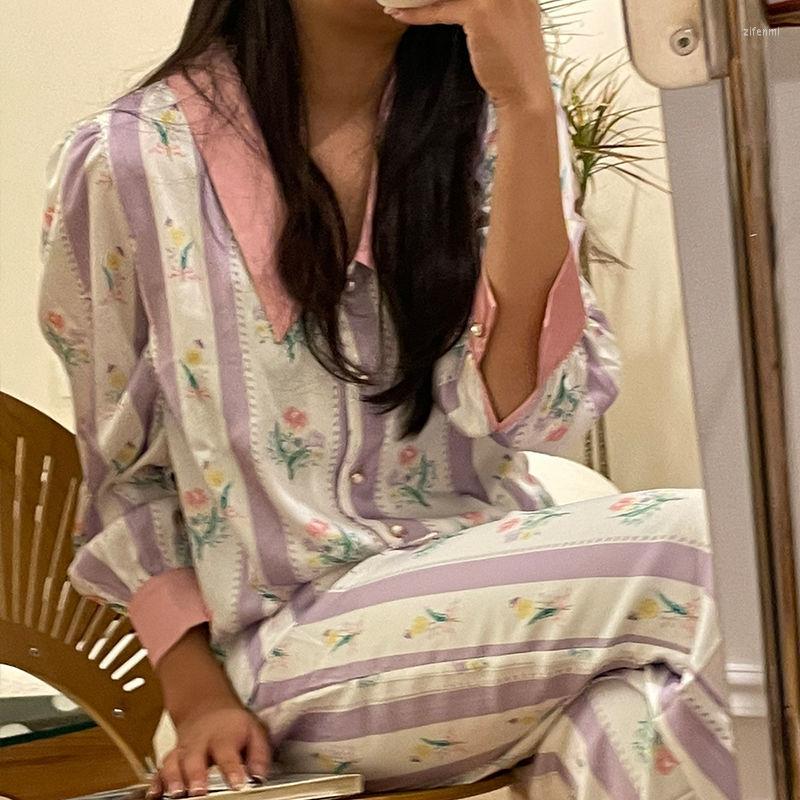 

Women's Sleepwear Pajamas Set Women Vintage Flower Spring Silk Pijamas Femme Satin Two Pieces Sets Pyjamas, Picture shown