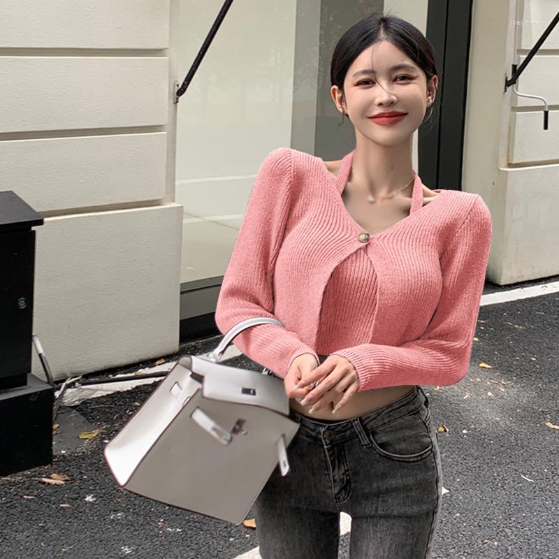 

Women's T Shirts Women's Sweater Halter Knitted Pullover Fake Two Pieces Korean Version