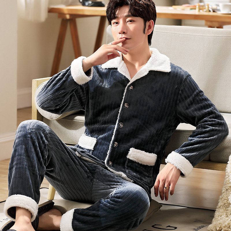 

Men's Sleepwear Men's Flannel Winter Thick Nightgown Long Sleeve Pants Pijama Set Warm Sleepwear Loose and casual autumn home clothes Pyjamas 230317, Grey white