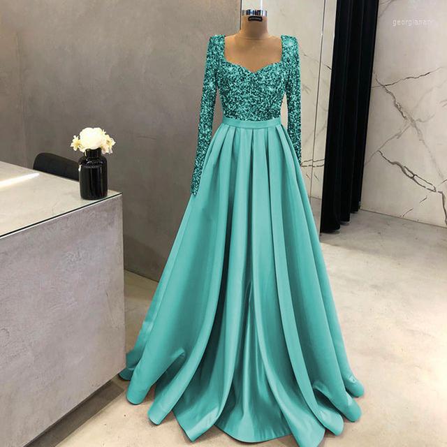 

Party Dresses Elegant Night Sequin Evening 2023 For Women Long Sleeves Sweetheart Aline Satin Wedding Prom Formal Gowns, Gold