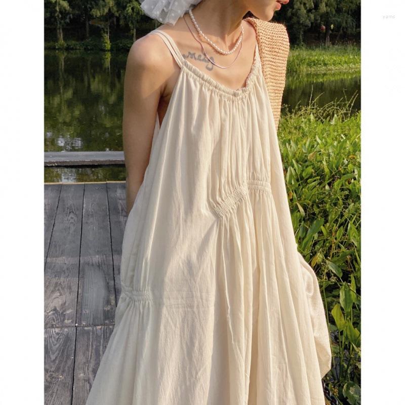 

Casual Dresses Slouchy Loose Dress Korean Chic Robe Women Summer Vintage Sleeveless V Neck White Beach Bohemian Style Vestidos