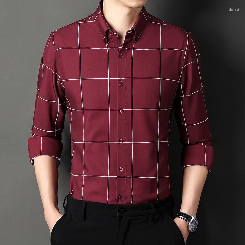 

Men's Casual Shirts 5-color Spring Autumn Men's Formal Plaid Shirt Classic Fashion Simple Business Long Sleeve Male High-quality Tops, Red