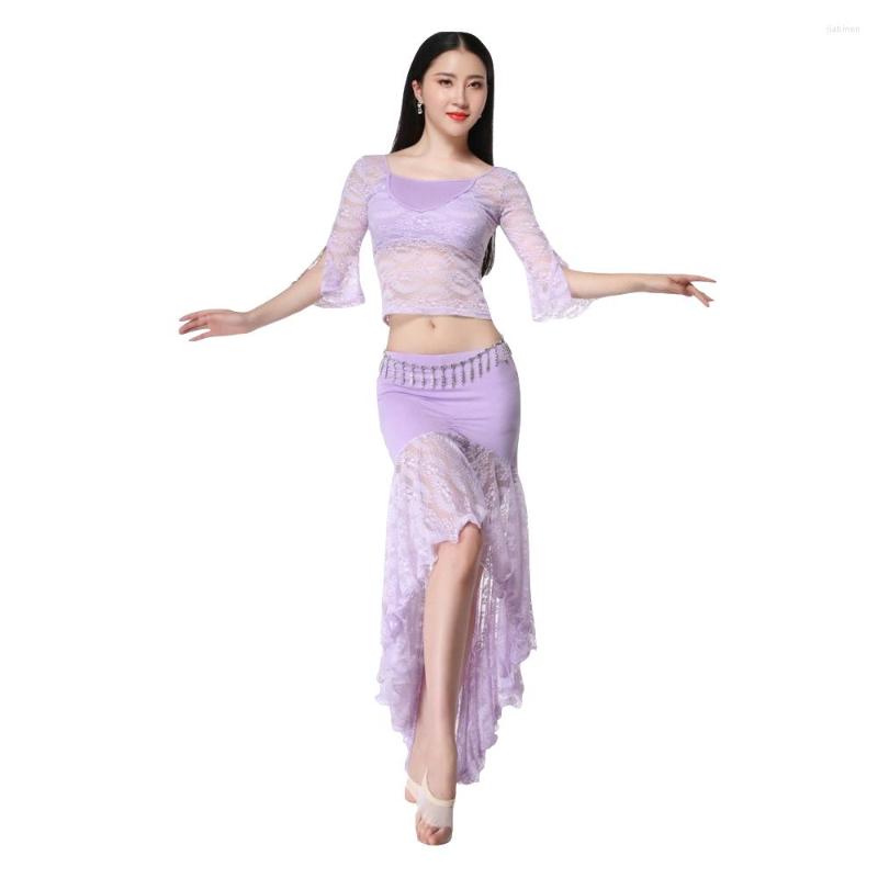 

Stage Wear Elegant Women Belly Dancing Clothes Floral Lace Stretch Top And Skirt Flare Sleeves Bellydance Class For Girls, White