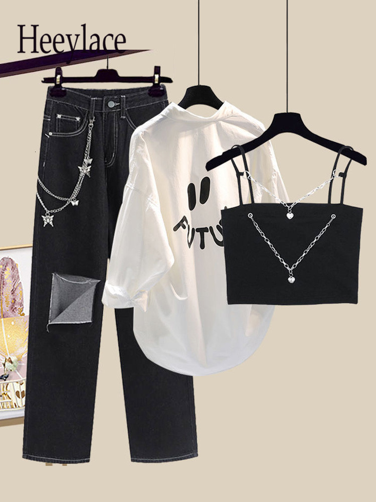

Women s Two Piece Pant Streetwear Harajuku Y2k Outfits 3 PCS Sets Chain Vest long Sleeve Sunscreen wide Leg Hollow Out Denim Pant 230317, Black