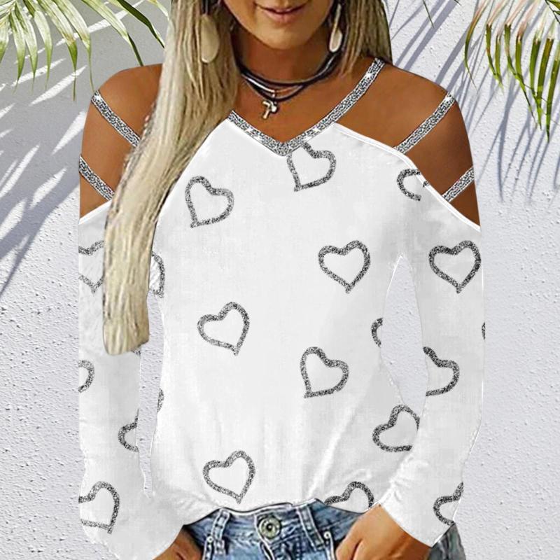 

Women' Blouses Women' Casual Heart Printed Blouse Top V Neck Off Shoulder Long Sleeve Shirt Loose Streetwear Fashion Lady Tops, Black