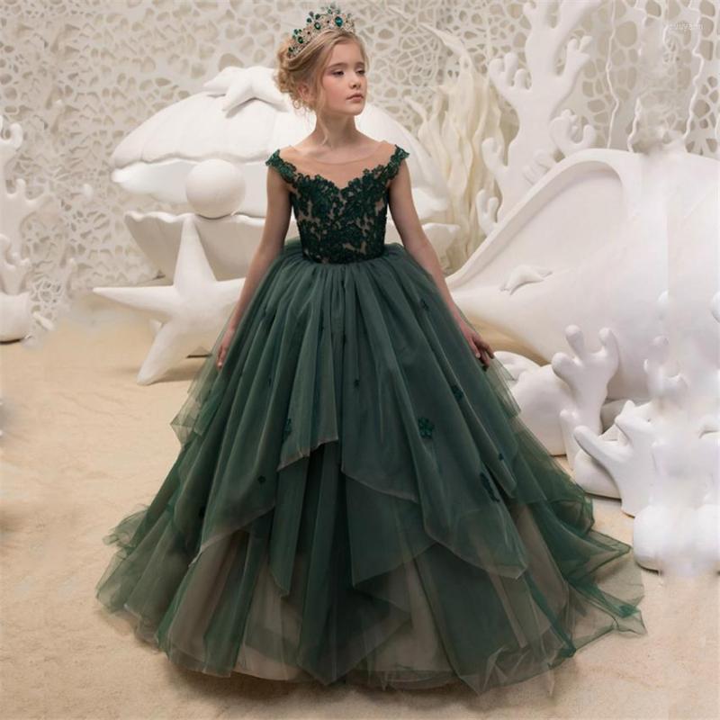 

Girl Dresses A Line Off The Shoulder Tulle Appliques Lace First Communion Greyish-Green Flower For Weddings, Beige