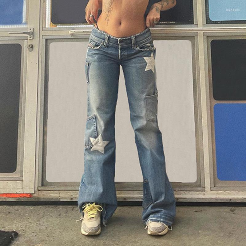 

Women' Pants Fashion Female Jeans Star Patterns High Waist Long Straight-Leg With Pockets For Spring Fall Blue Street Style  M L
