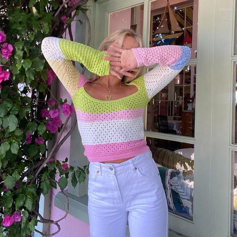 

Women's T Shirts Autumn Long Sleeve Crop Top Knitted Patchwork Hollow Out 90s Women Casual T-shirts Sexy Fashion Y2K Vintage Pullover