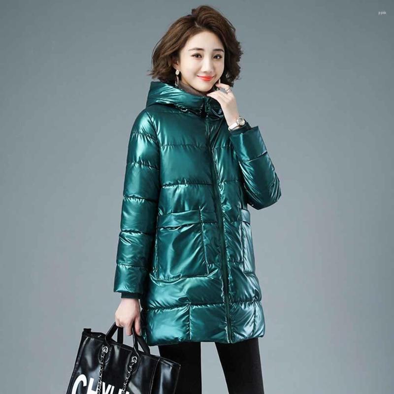 

Women's Trench Coats 2023 Glossy Fashion Parkas Winter Jacket Womens Cotton Padded Hooded Coat Casual Female Warm Loose Long Snow Outwear, Black