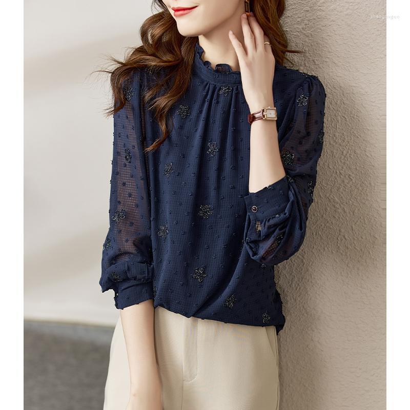

Women' Blouses 2023 Autumn Sweet Shirts Long Sleeve Lace Blouse For Women Vintage Spliced Solid Womens Clothing Blusas Mujer De Moda R24, Navy
