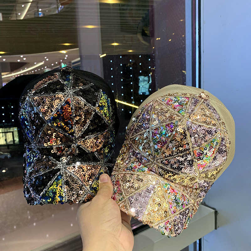 

Summer Hats Caps Men's Women's Summer mesh Sequin Hat Women's breathable sunscreen hat travel fashion versatile Korean baseball cap, White plaid sequin net hat