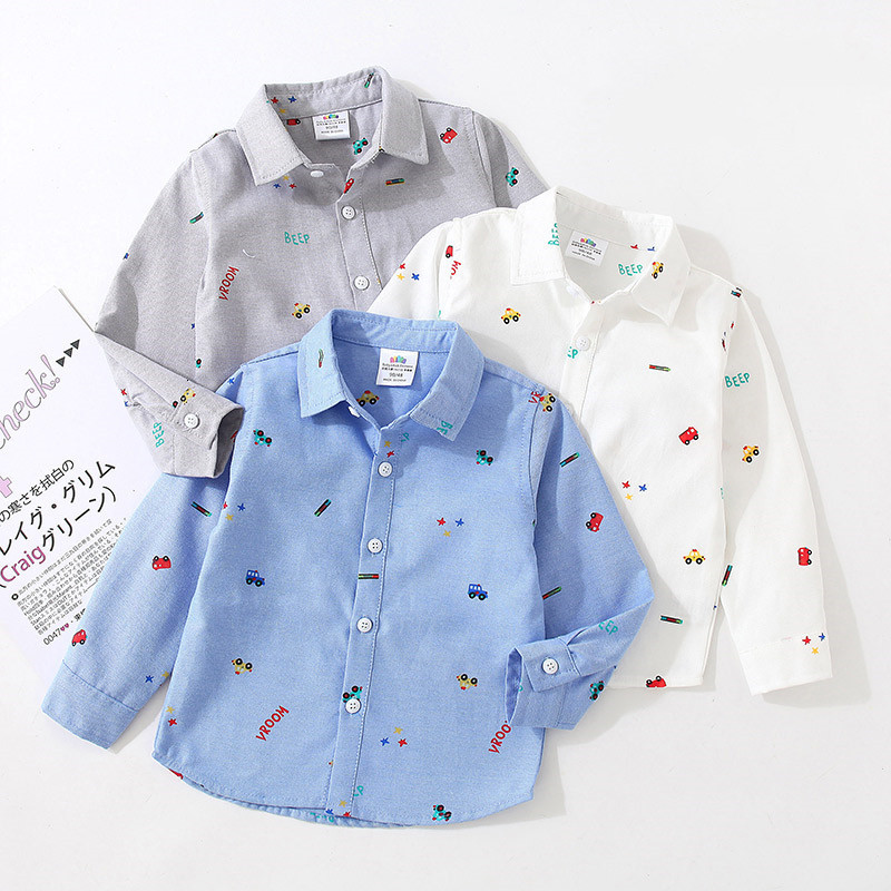 

Kids Shirts Spring Autumn 2 3 4 5 6 7 8 10 Years Long Sleeve Car Pattern Full Print Handsome White Gray Cotton Shirt For Kids Baby Boys 230317