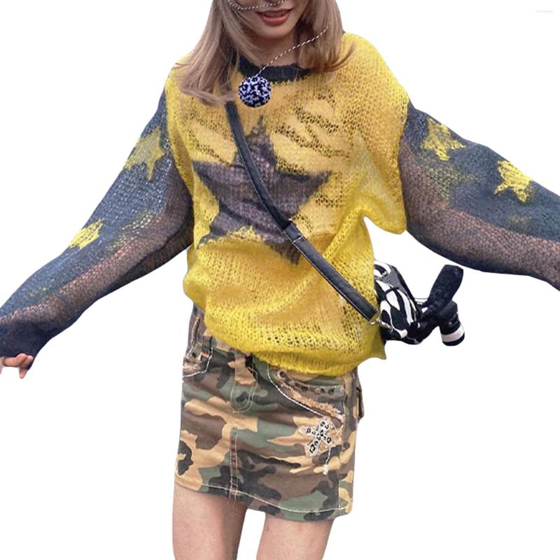 

Women's Sweaters Women Sheer Long Sleeve Crew Neck Star Print Hollow Out Contrast Colors Loose Knitted Tops Streetwear Y2K Pullovers, Purple