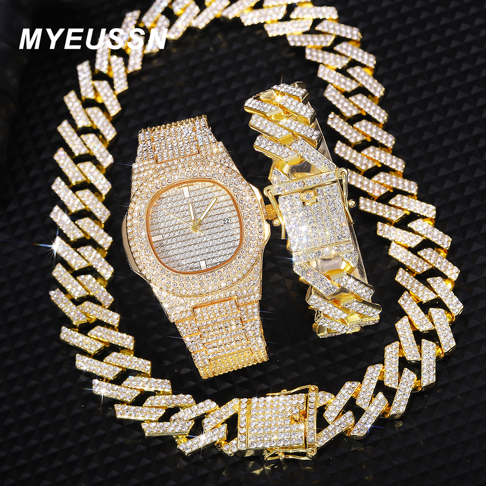 

Strands Strings Iced Out Watch Mens Cuban Link Chain Bracelet Necklace Choker Bling Jewelry Men Big Gold Color Chains Hip Hop Punk Watch Set 230316