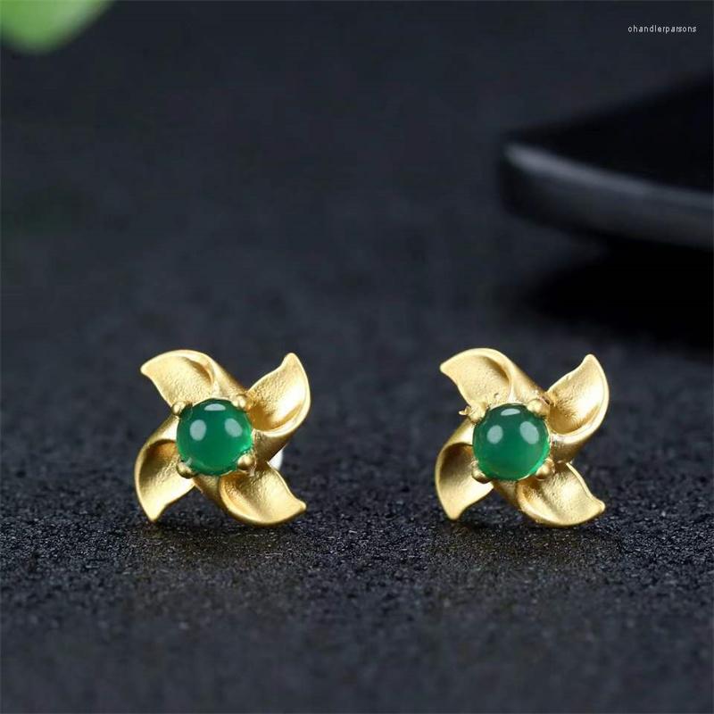 

Stud Earrings Selling Natural Hand-carved Gold Color 24k Inlay Jade Windmill Studs Fashion Jewelry Accessories MenWomen LuckGifts