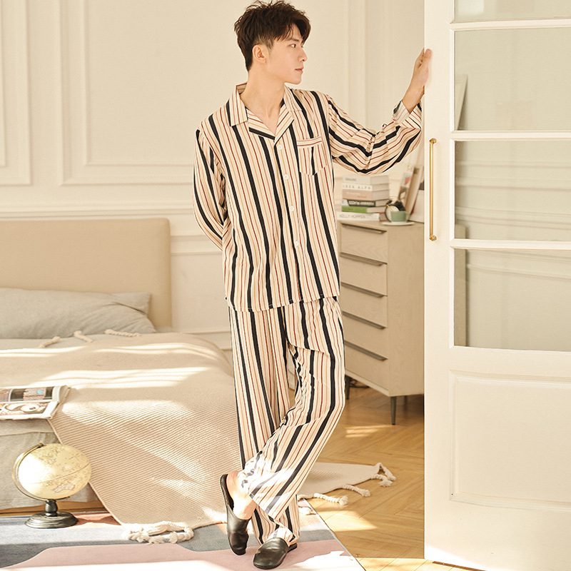 

Men's Sleepwear Men Pajamas Sets Satin Silk Pyjamas Nightwear Sleepwear Underwear Long Sleeve Striped Printed Casual Spring Autumn Winter 230317, 2083beige