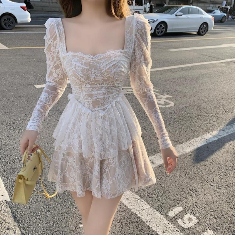 

Casual Dresses French Fairy Dress Women Lace Patchwork Sexy Party Mini Female Clothing Solid Vintage Slim Kawaii, Apricot