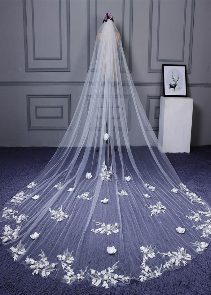 

Stock Wedding Veils Sequin Luxury Cathedral Bridal Veils Appliques Lace Edge White One Layers Custom Made Long Wedding Veil Fast S1650098