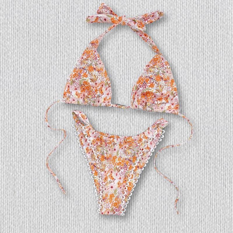 

Women's Swimwear 2023 Women Bikini Set Padded Lace Hem Nylon Floral Print Swimsuit For Swimming, Dark orange