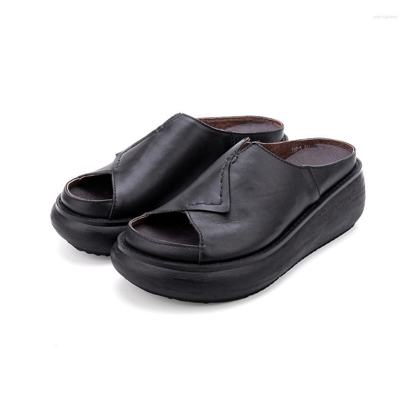 

Slippers 510-5 Retro Handmade Cowhide Leather Shoes Women Thick Bottom Literature Increase Slope Outside Wear Female Summer Slipper, Black