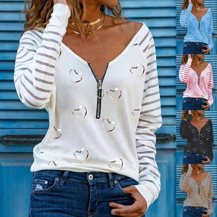 

Women's T Shirts Love Printing T-shirt Sexy V-neck Zipper Neck Long-sleeved Casual Loose Pullover Top Women's Women Shirt, Black