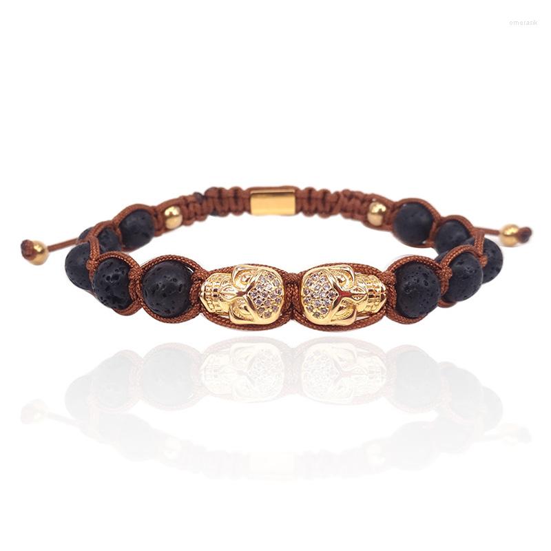 

Charm Bracelets Natural Black Onyx Stone & Gold Color Micro Pave White CZ Skull Beads Braided Macrame For Men Jewelry Gift
