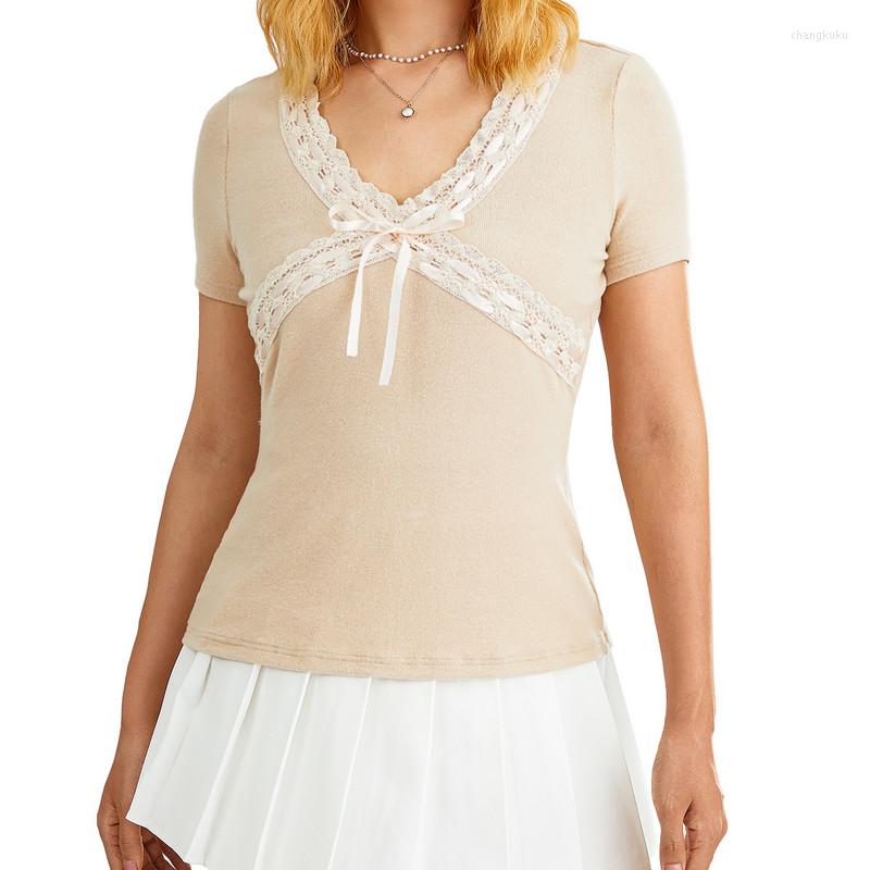 

Women' T Shirts Female Knitwear T-shirt Y2k Clothes Solid Color Sweet Lace Trim V-Neck Short Sleeve Tops Pullover Summer Outfit Streetwear