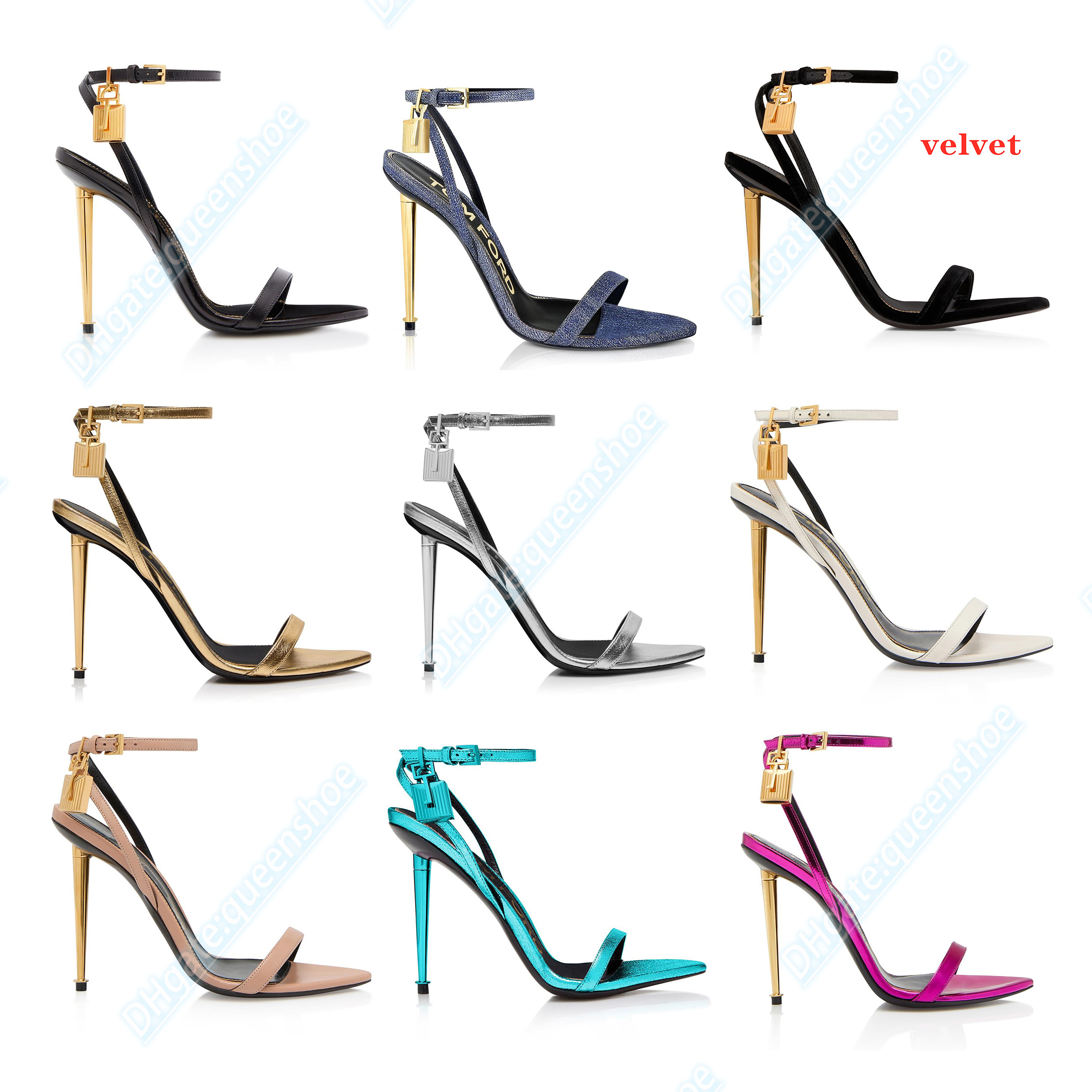 

luxury shoe designer women's Fashion shiny leather velvet rivet padlock pointy naked high heels denim laminated tunable Ankle Strap high heel sandal 10.5CM heel, #6
