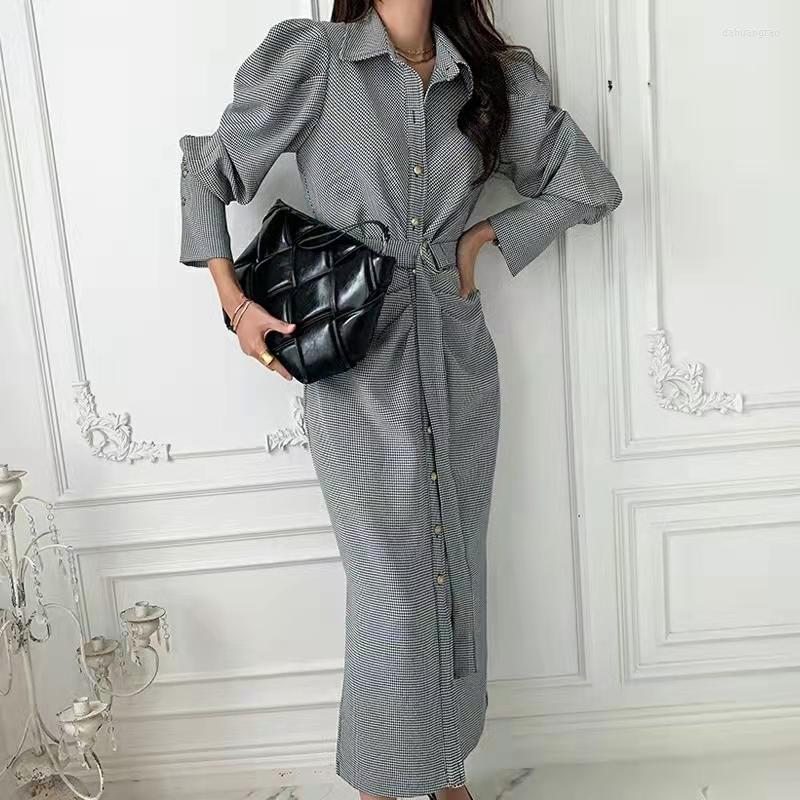 

Casual Dresses WTIANYUW 2023 Spring Autumn Women High Waist Puff Sleeve Checkered Fold Vintage Korean Lace Up Long Dress, Picture color