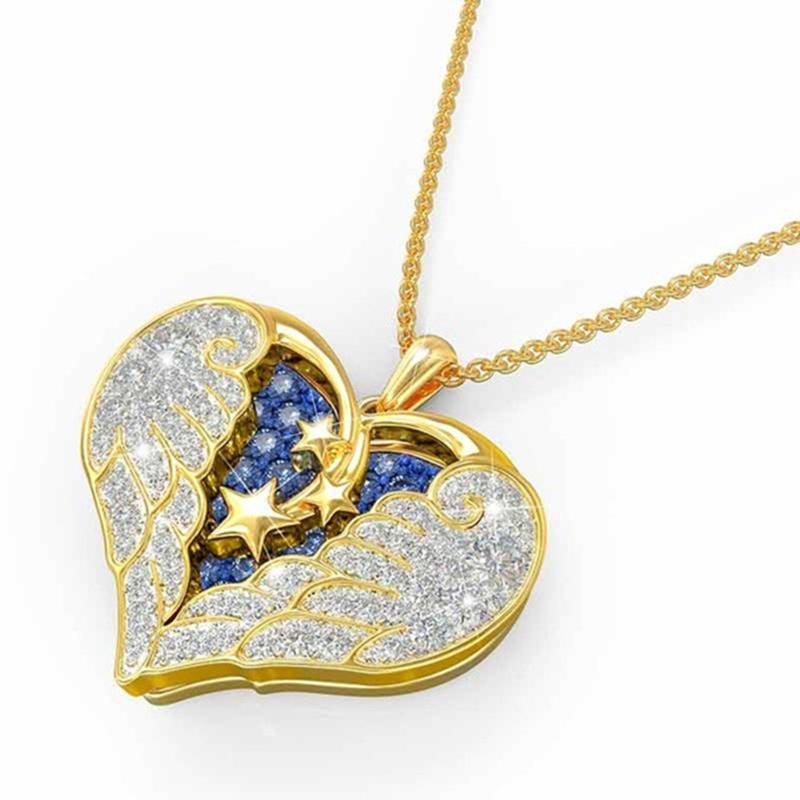 

Pendant Necklaces Diamond Star Wing Shaped Heart Necklace Gold Blue Color Chains For Women Gift Party Girls Jewelry Collier Femme
