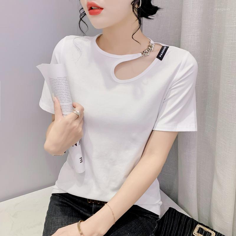 

Women's T Shirts 2023 Summer Women's T-Shirt Fashion Casual Solid Color Hollow Chain Tops Elegant Slim Clothes, White